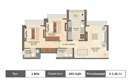 Lodha Vista 2 BHK floor plan, 680 sq ft carpet area